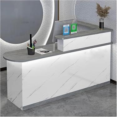 Imagem de Mesa de recepção de recepção, balcão de recepção com luzes, mesa de balcão frontal com armário, balcão de varejo moderno com gavetas, para escritório de checkout/salão de beleza/saguão/spa