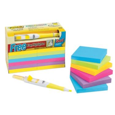 Imagem de Post-it Notas, bloco original, 7,6 cm x 7,6 cm, cores variadas, 100 folhas por bloco, 12 blocos por pacote (654-12AU)