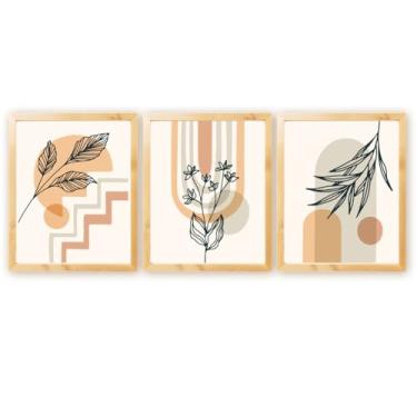 Imagem de Kit 3 Quadros Decorativos Folhagem Abstrato Geométrico Galhos Plantas Boho c/Moldura Natural 30x40cm (Kit 06)