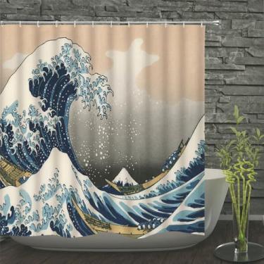 Imagem de Cortinas de chuveiro à prova d'água estampadas com conchas do mar e ondas do mar, cortina de banho, tela de banho de poliéster com 12 ganchos, JWW688, 150 * 180 cm