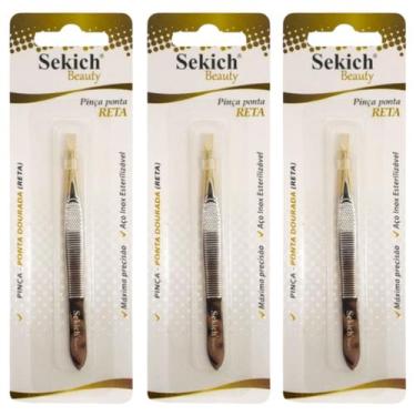 Imagem de Kit 3 Pinça Aço Inox Ponta Dourada Reta 1305 - Sekich