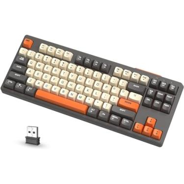 Imagem de M87 80% Teclado sem fio para jogos,87 teclas com luzes de arco-íris, Teclado para jogos de computador com Bluetooth 5.0/2.4Ghz de modo duplo para escritório silencioso/jogos -laranja