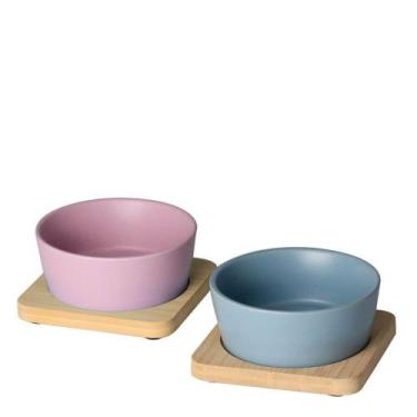 Imagem de Petisqueira de Cerâmica com Base de Bambu Azul e Rosa 10CM 2PÇS - Lyor