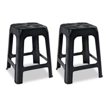 Imagem de Kit 2 Bancos Plastico Banqueta Banquinho Resistente 110kg Preto Churra