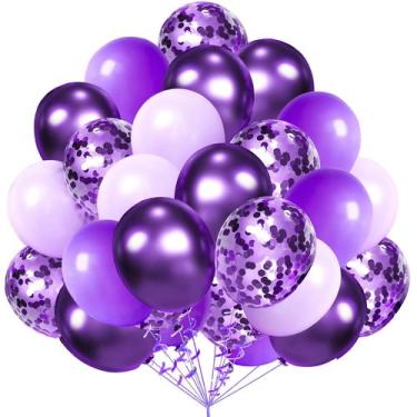 Imagem de Conjunto de Balões AULE Metálicos Roxo - 60cm e 30cm com Confete