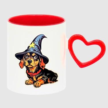 Imagem de Caneca Branca com Coração Vermelho Porcelana - DACHSHUND CACHORRO CHAPEU MAGO