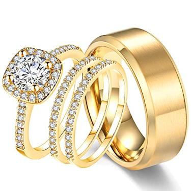 Imagem de CEJUG Conjunto de alianças de casamento de ouro amarelo 18 k para ele e para ela, mulheres, homens, alianças de aço inoxidável de titânio 2Ct Cz, Women's Size 6 & Men's Size 11, Pedra preciosa, ouro