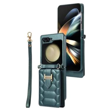 Imagem de HJZSZX Para Samsung Z Flip 6 Crossbody Lanyard Couro Phone Case Wrist Corda Wallet Card Cover (Para Samsung Z Flip 6/verde)