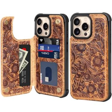 Imagem de RMAWRAD Capa carteira para iPhone 15 Pro Max de couro real 6,7, capa antiqueda de couro genuíno à prova de choque, capa flip com compartimento para cartão, fivela magnética dupla, marrom durável à