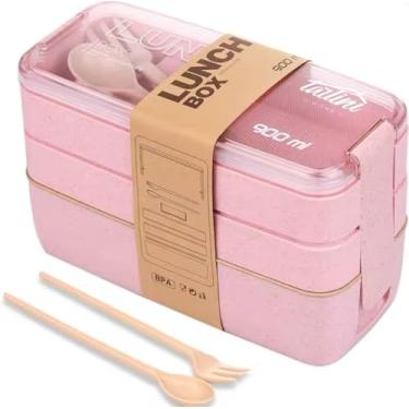 Imagem de Marmita Lunch Box com 3 Compartimentos, 900ml, Rosa, com Talheres