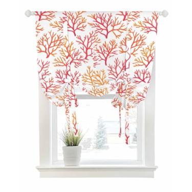 Imagem de Cortinas de amarrar para janelas, verão, vermelho, laranja, coral, costeira, bolso, amarrar, janela, persiana, balão, ajustável, saia, aquarela, plantas oceânicas, para quarto, cozinha, banheiro,