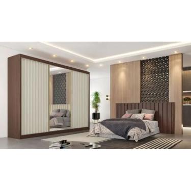 Imagem de Guarda Roupa Casal Ripado com Espelho 3 Portas 6 Gavetas - Athenas-Ipê/OffWhite - Móveis Europa