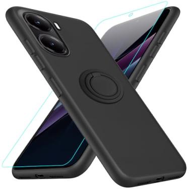 Imagem de Capa para celular Xiaomi Redmi Poco X7 Pro e Redmi Turbo 4 5G com protetor de tela, suporte de anel giratório de 360°, capa protetora de silicone TPU para Redmi Poco X7 Pro 5G 2025 - preta