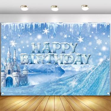 Imagem de Tema de castelo de neve no gelo, cenário fotográfico de feliz aniversário, 1,5 x 0,9 m de fundo de princesa de inverno, adereços de banner para crianças, meninas, meninos, aniversário, chá de bebê