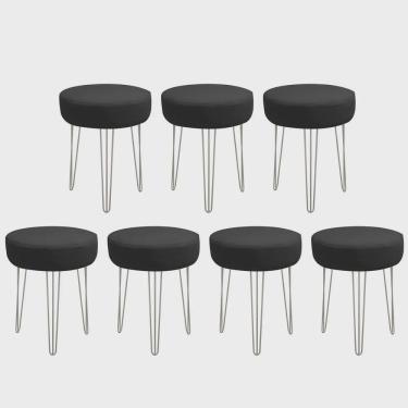 Imagem de Kit 07 Banquetas Puff Jullia Luxo 55cm Industrial Ferro Cinza Corino Preto - Ahazzo Móveis