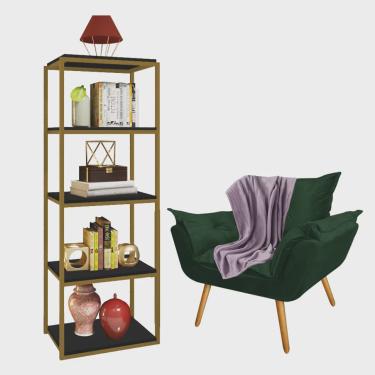 Imagem de Kit Poltrona Fatte com Manta Soft Lilás e Estante Livreiro Ferro Dourado mdf Preto Suede Verde Musgo - Ahazzo Móveis