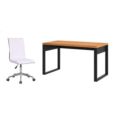 Imagem de Conjunto de Mesa Anah Freijó e Preta com Cadeira de Escritório Secretária Giratória Marilyn Branca