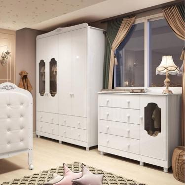 Imagem de Quarto de Bebê com Guarda Roupa e Cômoda 100 mdf Elô New Noah Móveis Peroba
