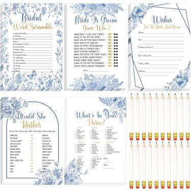 Imagem de Teling Jogo de chá de panela, 145 peças, conjunto de lembrancinhas de chá de panela, cartões e lápis para noivos, despedida de solteira, festa de casamento (estilo floral azul)