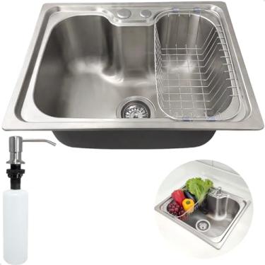 Imagem de Dona D Cor, Cuba Inox Escovado 50x40 Para Pia Cozinha Gourmet Com Cesto Escorredor E Porta Detergente Dispenser 350ml Embutir ou Sobrepor Bancada Granito Marmore