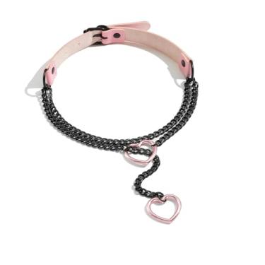 Imagem de Dtexhif Colar de corrente deslizante com gargantilha de couro, aço inoxidável, elos cubanos, colar de lariat longo, punk rock, coração, colar, feito à mão, para mulheres, Large, Couro sintético, Sem