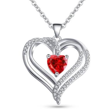 Imagem de JOYEN Colares femininos, colar de coração duplo para mulheres, presentes de aniversário para mulheres, colar de coração duplo prata com zircônia cúbica, presentes de aniversário - vermelho