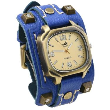 Imagem de MINILUJIA Relógios masculinos feitos à mão com corda de cera costurada vintage punk hip-hop gótico largo couro macio genuíno relógio de pulso personalizado mostrador quadrado bronze, Azul