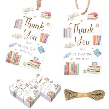 Imagem de Serencatcher 50 etiquetas de agradecimento de livro com cordão, aquarela Thank You for Celebrating with Us Etiquetas de presente de cartolina 4 x 9 cm para aniversário chá de bebê lembrancinhas de