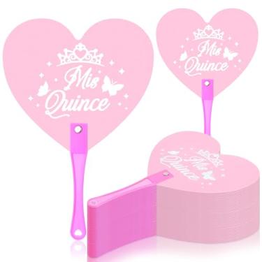 Imagem de 50 peças de lembrancinhas de festa de quinze anos para convidados fãs de mão de quinze anos em massa Recuerdos de 15 anos Quinceañeras Plástico Rosa Coração Handheld Fãs Presente de marmelo para