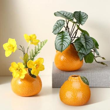 Imagem de Sieral Vaso de cerâmica laranja de 9 cm com folhas verdes, vaso hidropônico, pequeno vaso de flores laranja para sala de estar, estante, escritório, decoração de casa