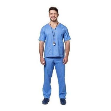 Imagem de Não Amassa Pijama Cirúrgico Masculino Oxford Conjunto - Dona Moça, Azu