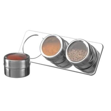 Imagem de Porta Temperos Magnético em Aço Inox, 3 Potes com Suporte, 4,5 x 6,3 cm, Visor em Acrílico