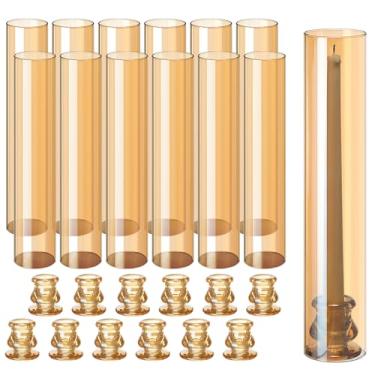 Imagem de Teenyyou Conjunto de 12 castiçais de vidro âmbar Hurricane 12,6 castiçais de vidro aberto em forma de tubo sem fundo e 2,2 castiçais transparentes cônicos para mesa de casamento centro de mesa