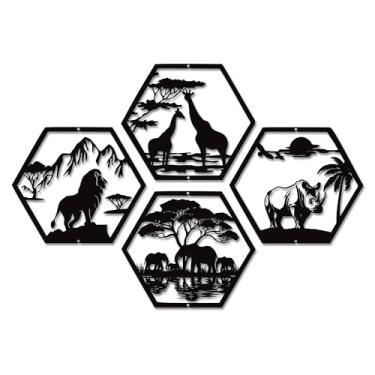 Imagem de Xedatric Arte de parede de metal safári africano – 4 peças preto fosco decoração de leão, elefante, girafa e rinoceronte – Arte de parede africana resistente à ferrugem para casa ou escritório