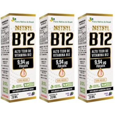 Imagem de KIT 3X Vitamina B12 Sublingual (Metilcobalamina) 9,94 mcg por gota 20ml - Flora Nativa (20ml, Uva)