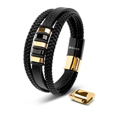 Imagem de SERASAR | Pulseira de couro genuíno premium [Glory] para homens em preto | Fecho magnético de aço inoxidável em prata e ouro | Caixa de joias exclusiva | Ótima ideia de presente, 17cm, Couro, Sem