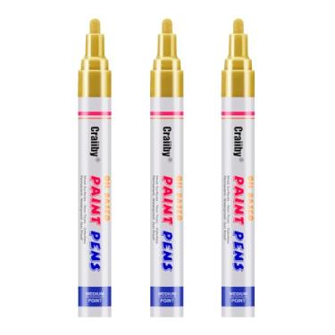 Imagem de Marcadores de tinta dourada, pacote com 3 canetas permanentes à base de óleo, à prova d'água, secagem rápida, para pintura de pedras, madeira, tecido, plástico, tela, vidro, canecas, metal, pneu