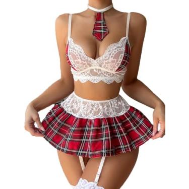 Imagem de Myilewjt Lingerie feminina de colegial sexy xadrez transparente frente única conjunto de fantasia mini saia