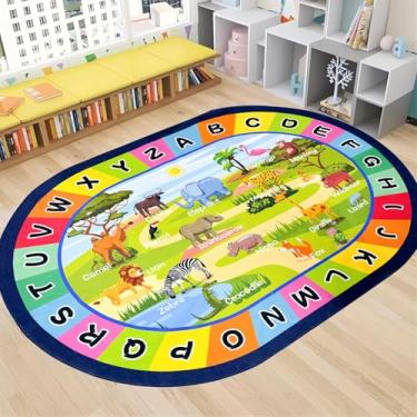 Imagem de USTIDE Tapete oval infantil 5X7-ABC alfabeto animais tapete educativo antiderrapante tapete de aprendizagem sala de aula tapete antiderrapante para decoração de quarto de jogos