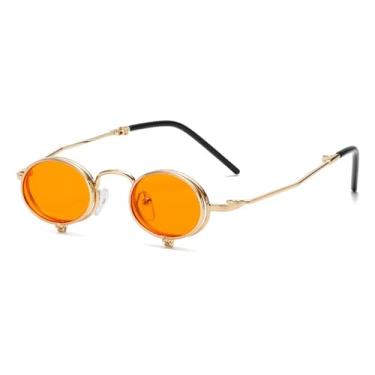 Imagem de JRLLFD Óculos de sol Steampunk Flip Up Masculino Armação de Metal Pequena Punk Redondo Feminino Óculos Retro Uv400 (C4Gold-Orange)