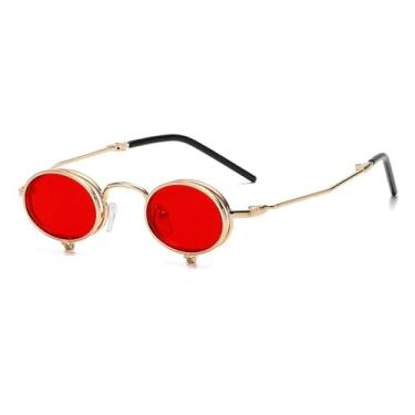 Imagem de JRLLFD Óculos de sol Steampunk Flip Up Masculino Armação de Metal Pequena Punk Redondo Feminino Óculos Retro Uv400 (C3Gold-Red)