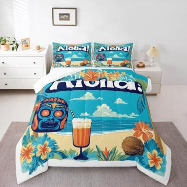 Imagem de Erosebridal Conjunto de cama casal oceano para crianças, adultos, férias, Havaí, máscara africana, tropical, aquarela, floral, verão, frutas, coco e praia, edredom