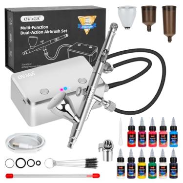 Imagem de OVAGA Kit de aerógrafo 32PSI com compressor, conjunto de aerógrafo de ação dupla recarregável multifuncional portátil com conjunto de tinta para aerógrafo, 11 cores para pintura, maquiagem, decoração