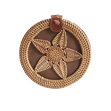 Imagem de SHAREYOIU Bolsa de vime redonda tecida à mão, ombro natural, chique, estilo praia tropical, tecida com alça de couro, Amor, 7 x 3.2 inches
