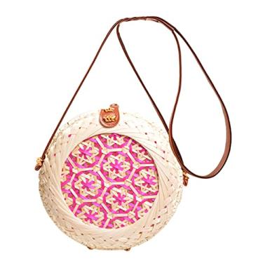 Imagem de SHAREYOIU Bolsas de ombro redondas de bambu tecidas à mão, estilo tropical de praia natural chique com alça de couro, nº 4 rosa, Big，7.87x 3.2 inch