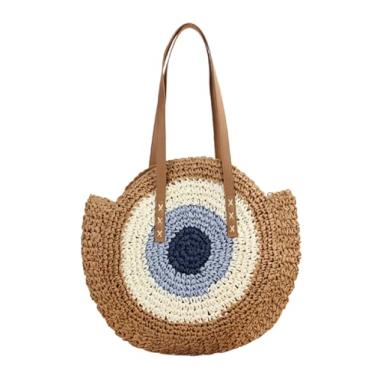 Imagem de SHAREYOIU Bolsa feminina redonda de palha, bolsa de ombro, bolsa de praia com alça superior, nº 3 cáqui grande