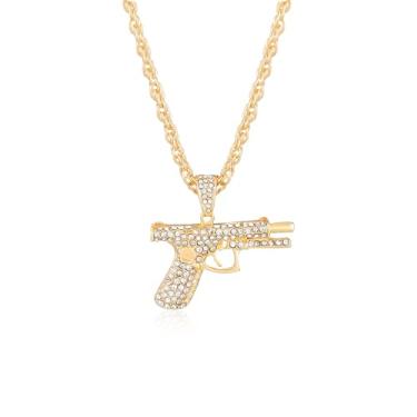 Imagem de Peasimy Colar punk hip-hop completo de strass com pingente de metralhadora para homens e mulheres joias urbanas, Large, Metal, Sem Pedra Preciosa