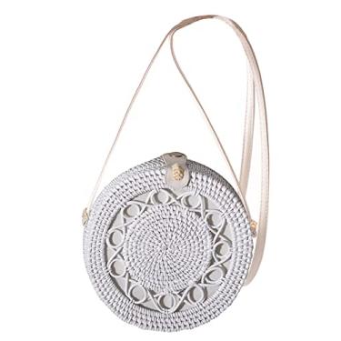 Imagem de SHAREYOIU Bolsas brancas feitas à mão com ombros de vime, natural, chique, estilo tropical de praia com alça de couro, Flor H, Big，7.87x 3.2 inch