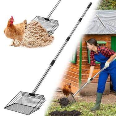Imagem de Yoewuzoi Pá de cocô de galinha, colher de galinheiro de metal com alça ajustável de 166 cm, ancinho grande de aço inoxidável de 25,4 cm de largura para areia, ferramenta de limpeza de galinheiro