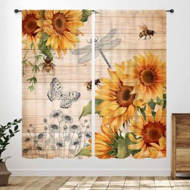 Imagem de Cortinas rústicas de cozinha de girassol, prancha de madeira de fazenda, floral, abelha, libélula, borboleta, retrô, rural, tratamentos de janela para quarto, sala de estar, 2 painéis, 106 x 113 cm